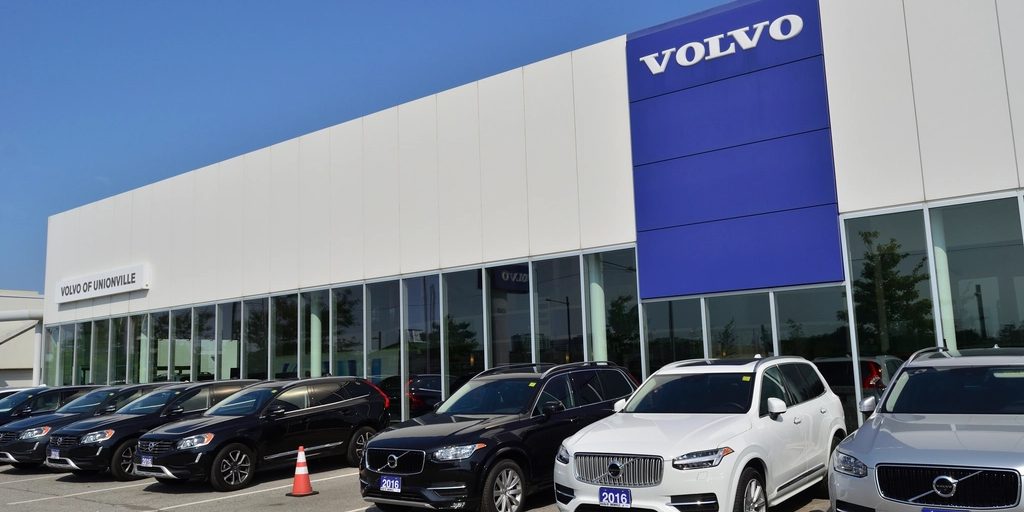 Cars lined up outside a dealership