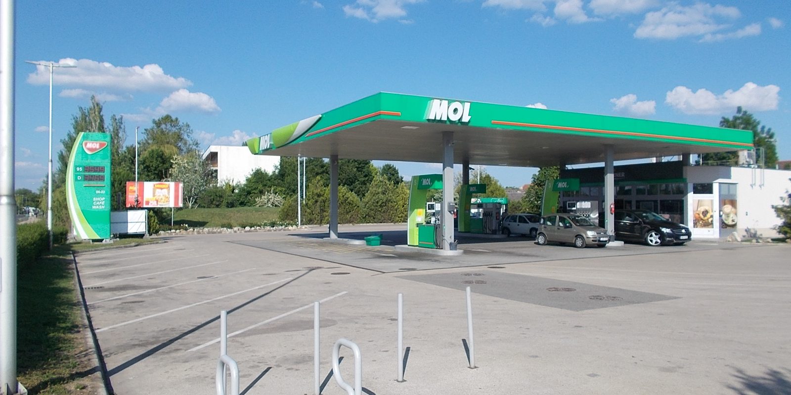 A petrol station forecourt seen from the road
