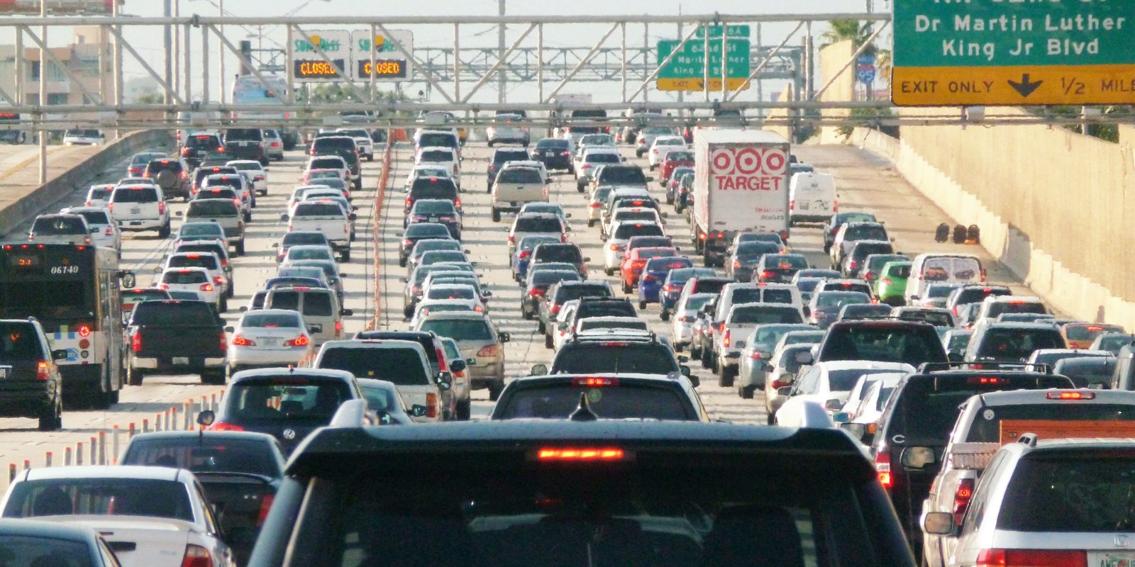 Heavy queuing traffic on a multi lane urban motorway