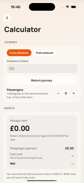 Pricing a journey at the current approved rates in Milesheet