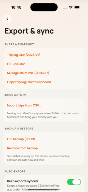 Import and export options in Milesheet