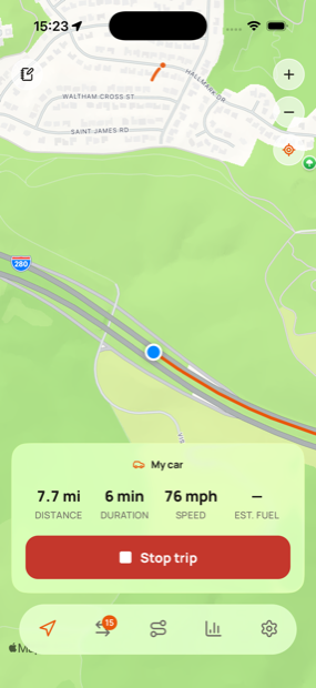 Milesheet recording a drive, with the route drawn on the map and live distance, duration and fuel cost