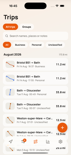 Every journey, searchable and grouped by month.